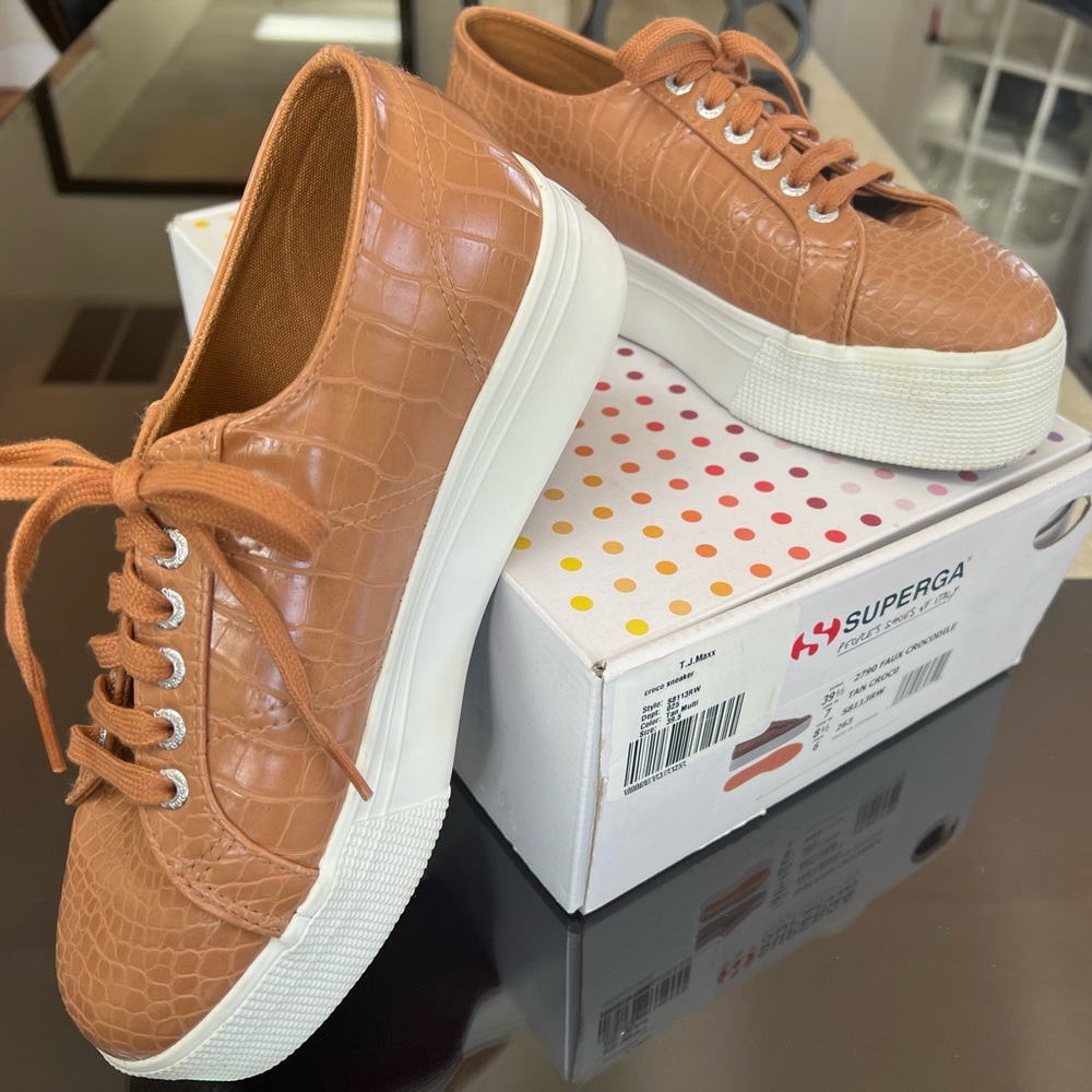 Superga Tan & White Croc-Embossed Sneakers. 1.5 inch platform. Box included